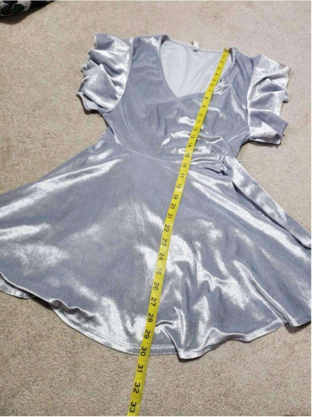 LUCY IN THE SKY Velvet Wrap Mini Dress Silver XS Flutter Sleeve Going Out Micro - Picture 13 of 13